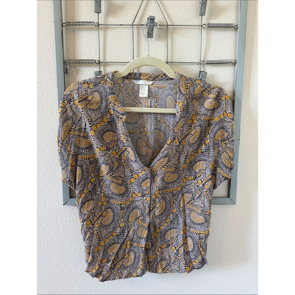 H&M Paisley V-Neck Blouse in Gray and Mustard Yellow Size 2